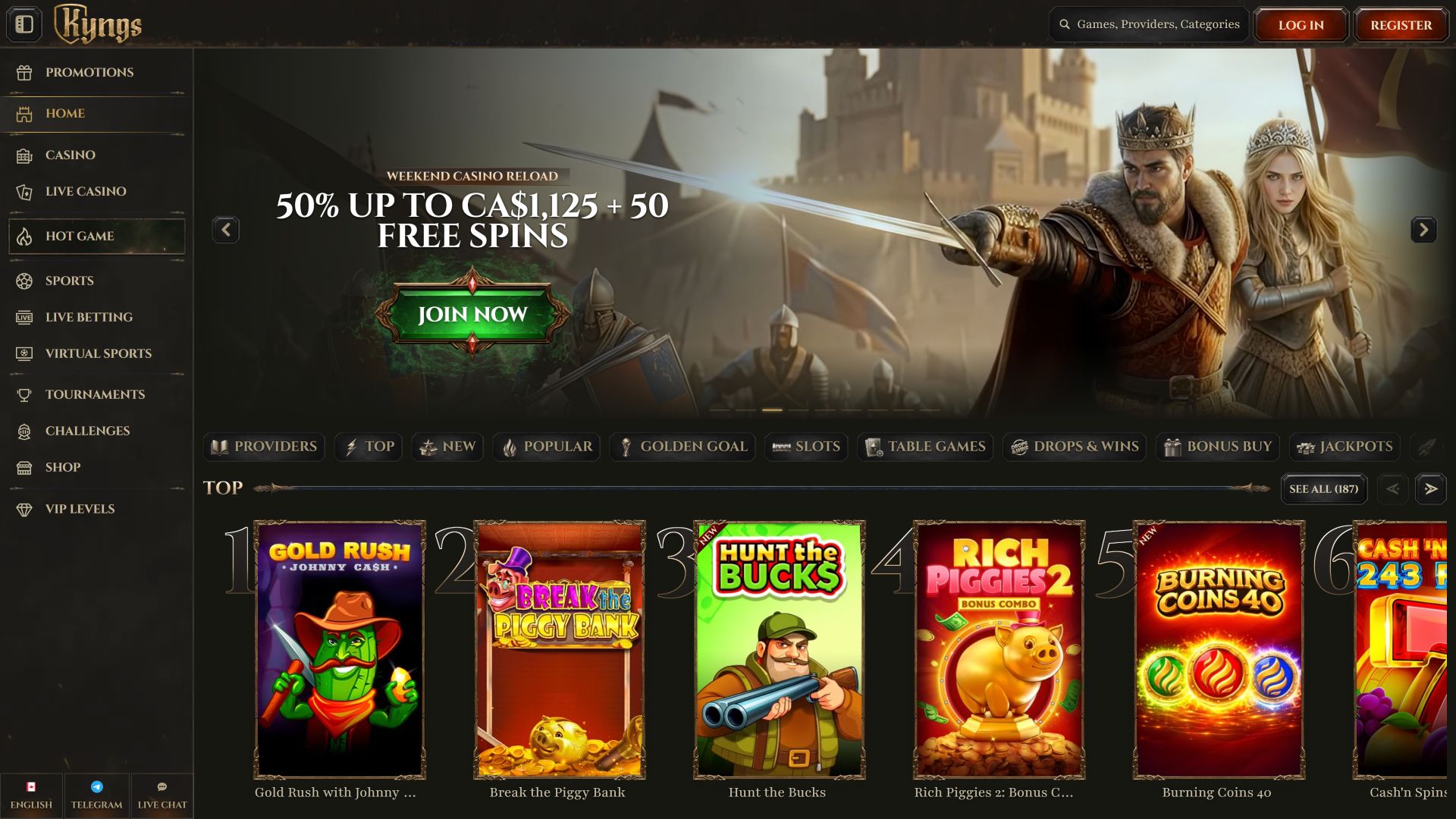 Pagina iniziale desktop di Kyngs Casino