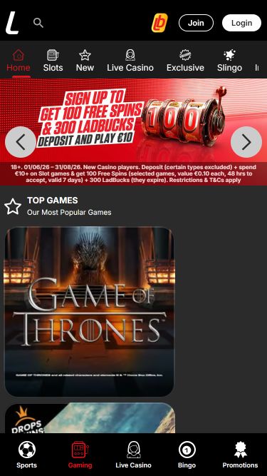 Homepage mobile del casinò Ladbrokes