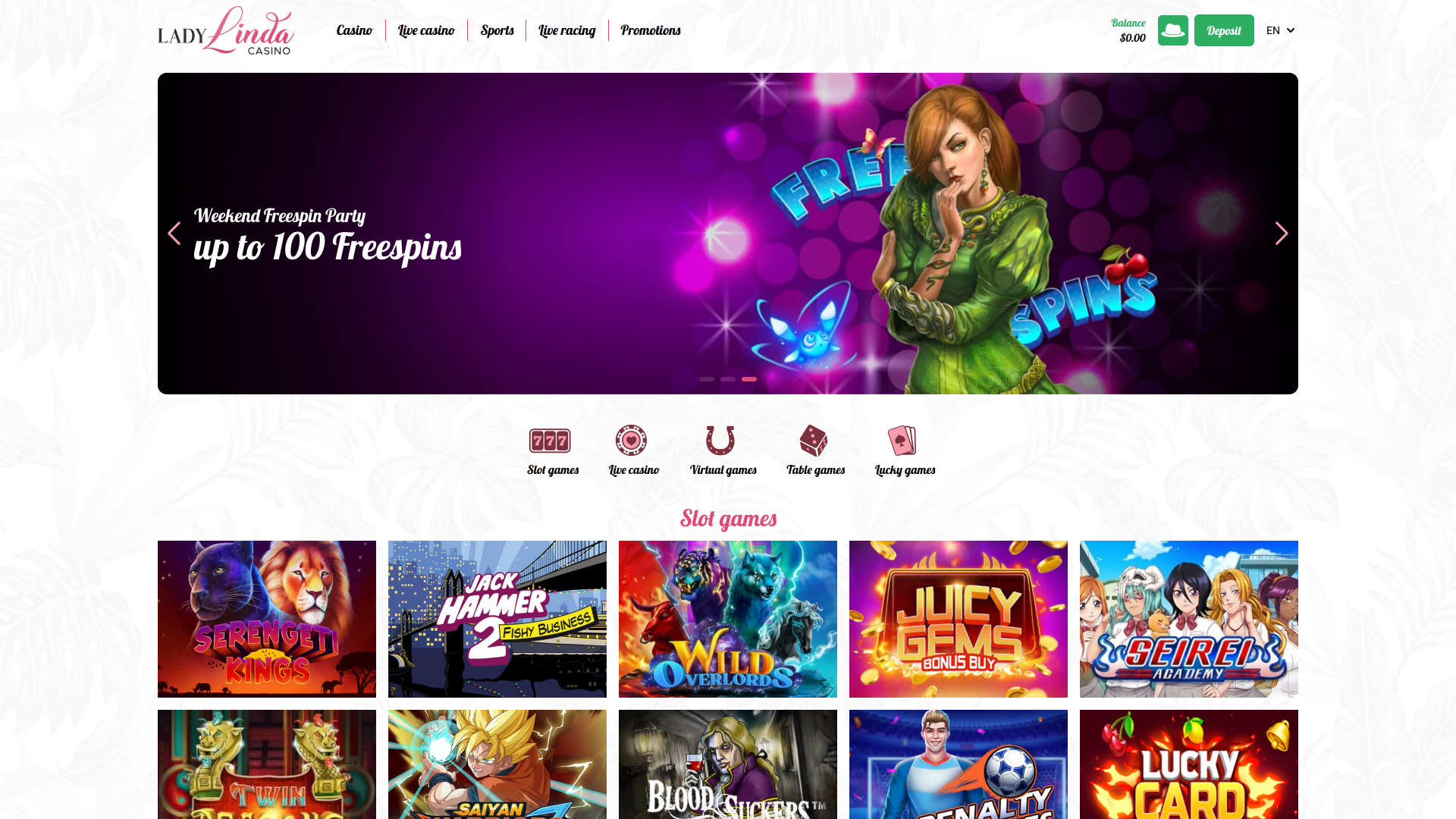 Page d'accueil du casino Lady Linda version ordinateur