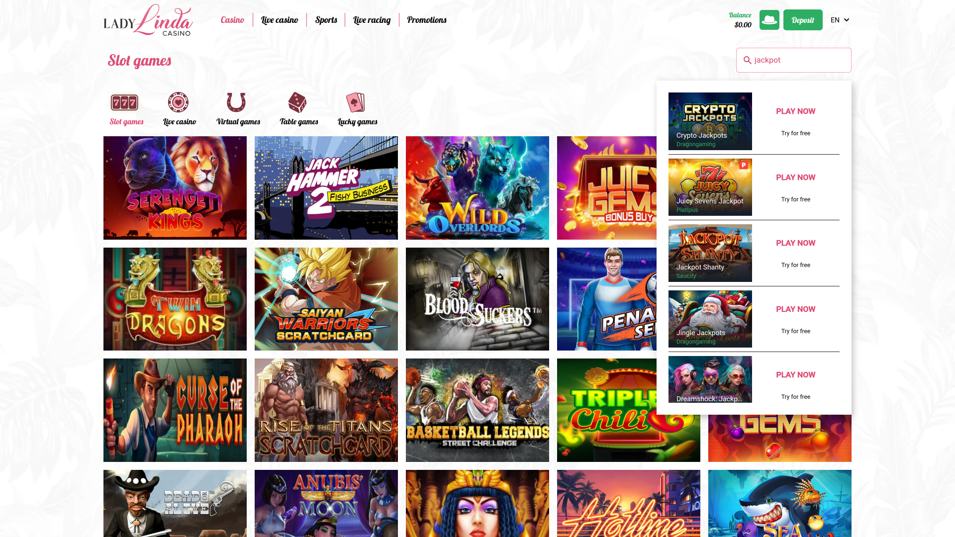 Jackpot de bureau du casino Lady Linda