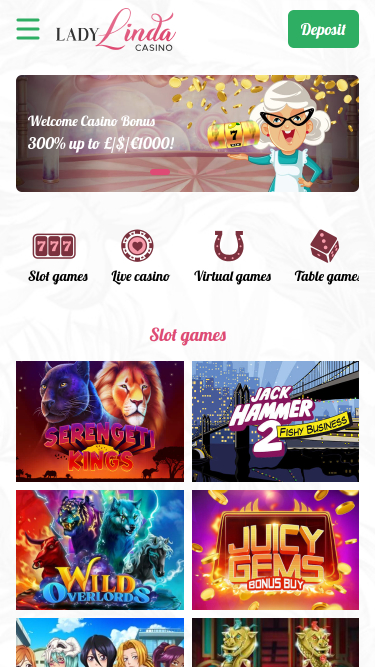 Page d'accueil mobile du casino Lady Linda