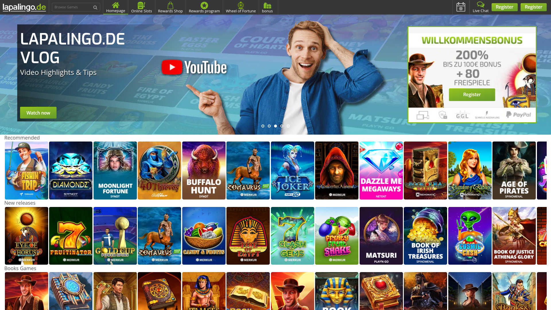 Page d'accueil du casino Lapalingo ordinateur