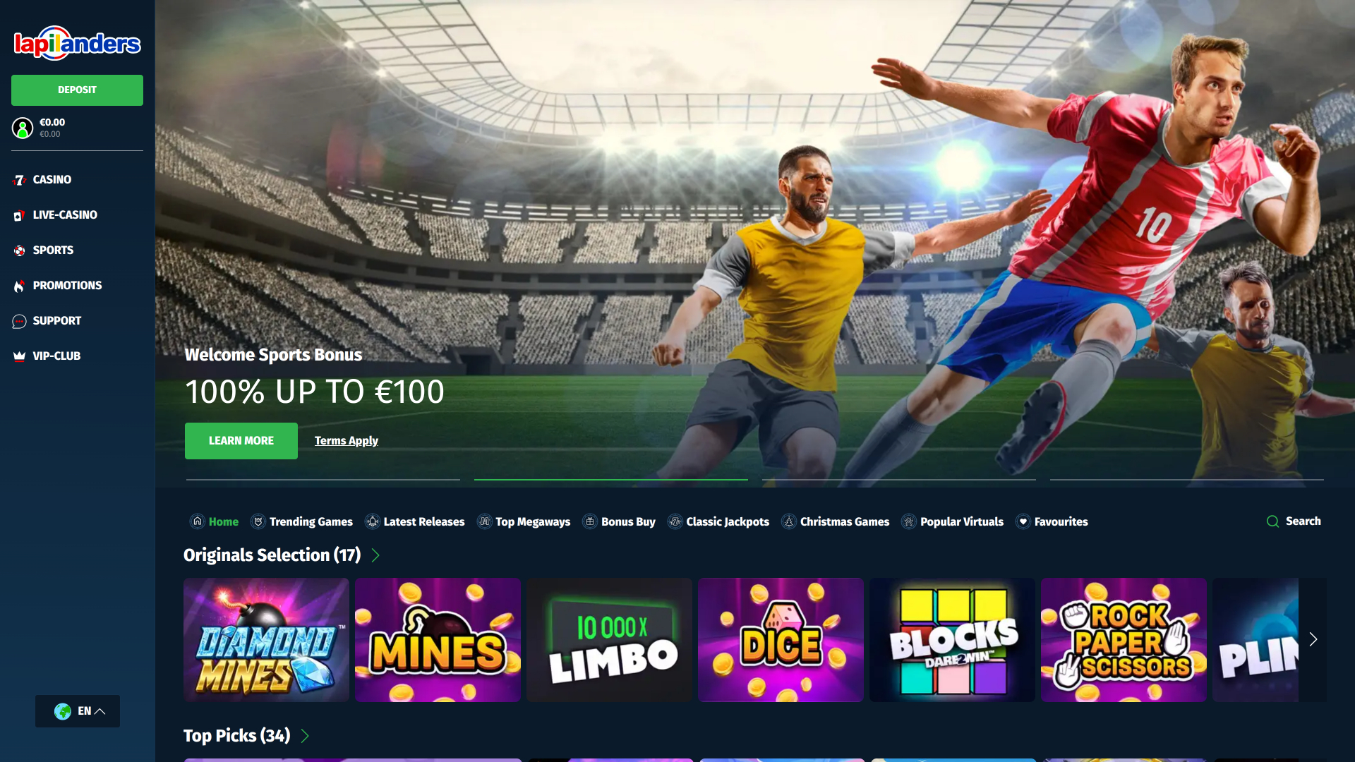 Page d'accueil du casino Lapilanders pour ordinateur