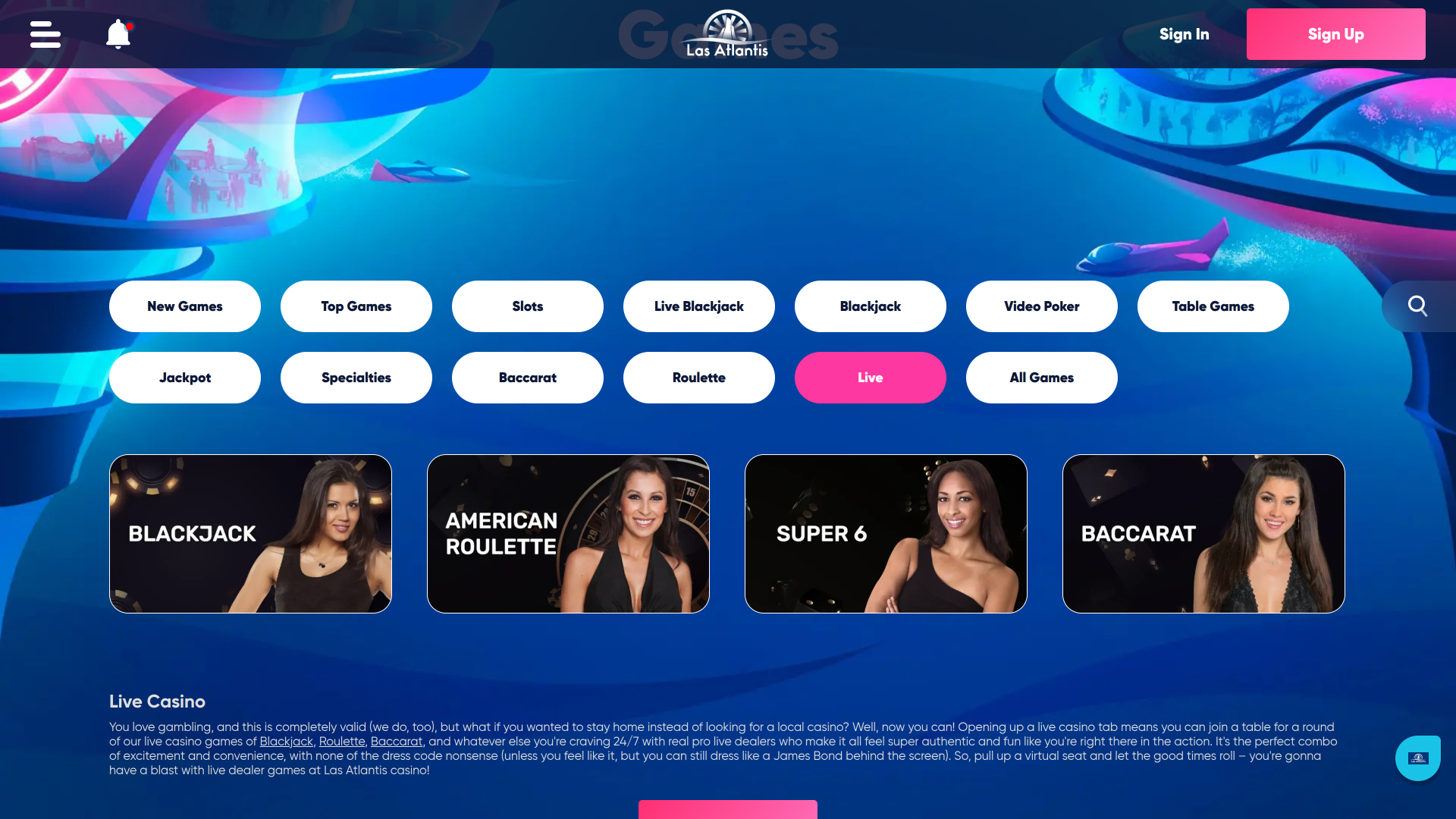 Casino Las Atlantis sur ordinateur avec croupier en direct