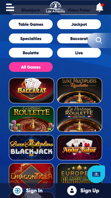 Jeux mobiles du casino Las Atlantis