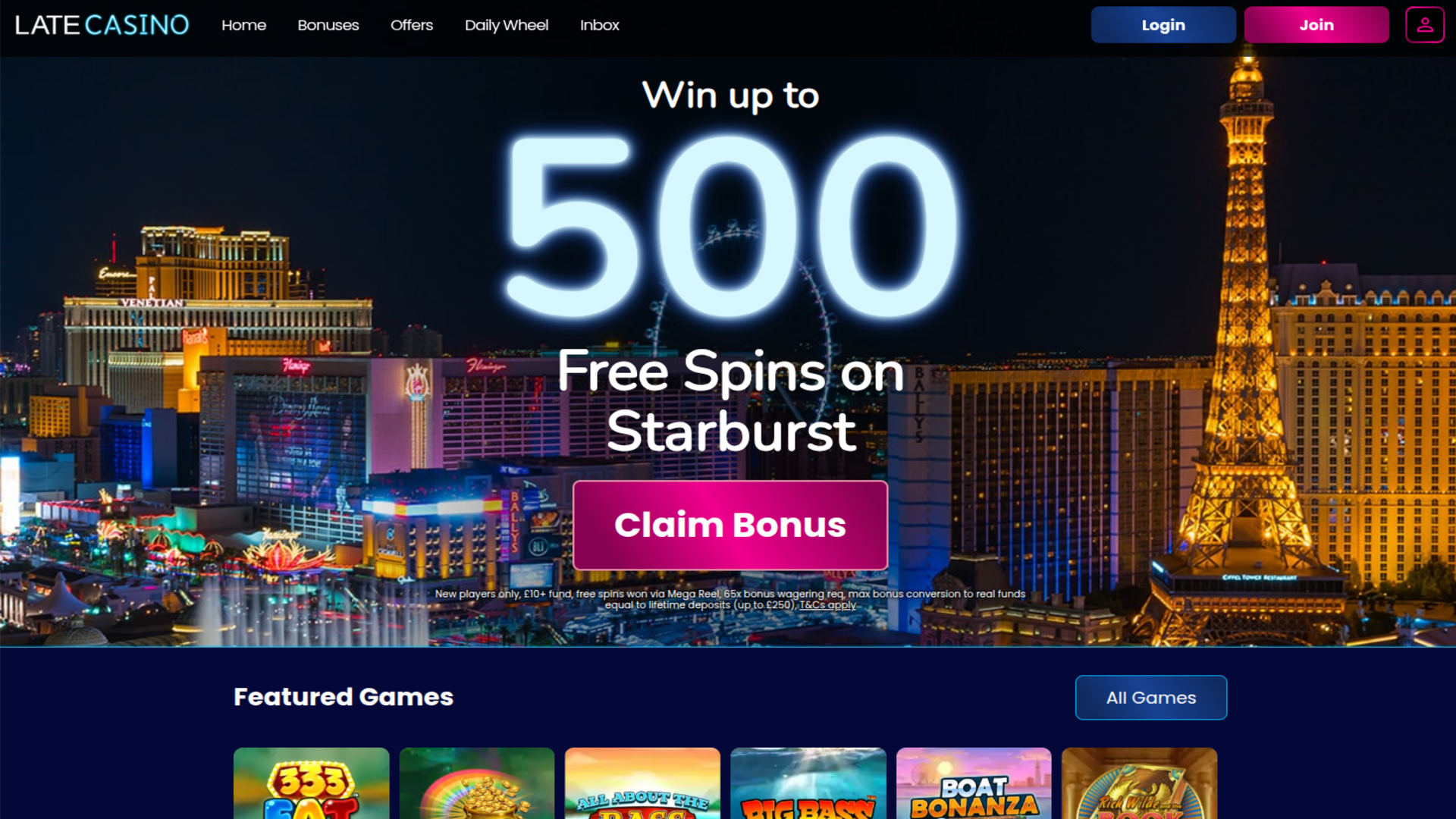 Page d'accueil de Late Casino Desktop