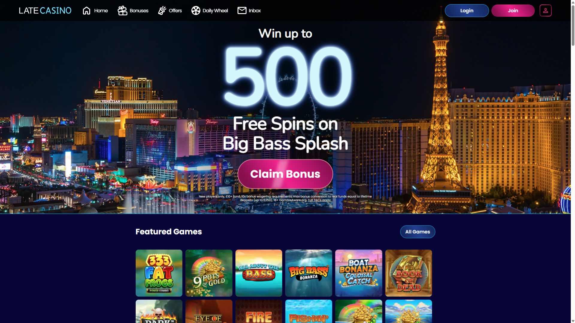 Late Casino Desktop Homepage