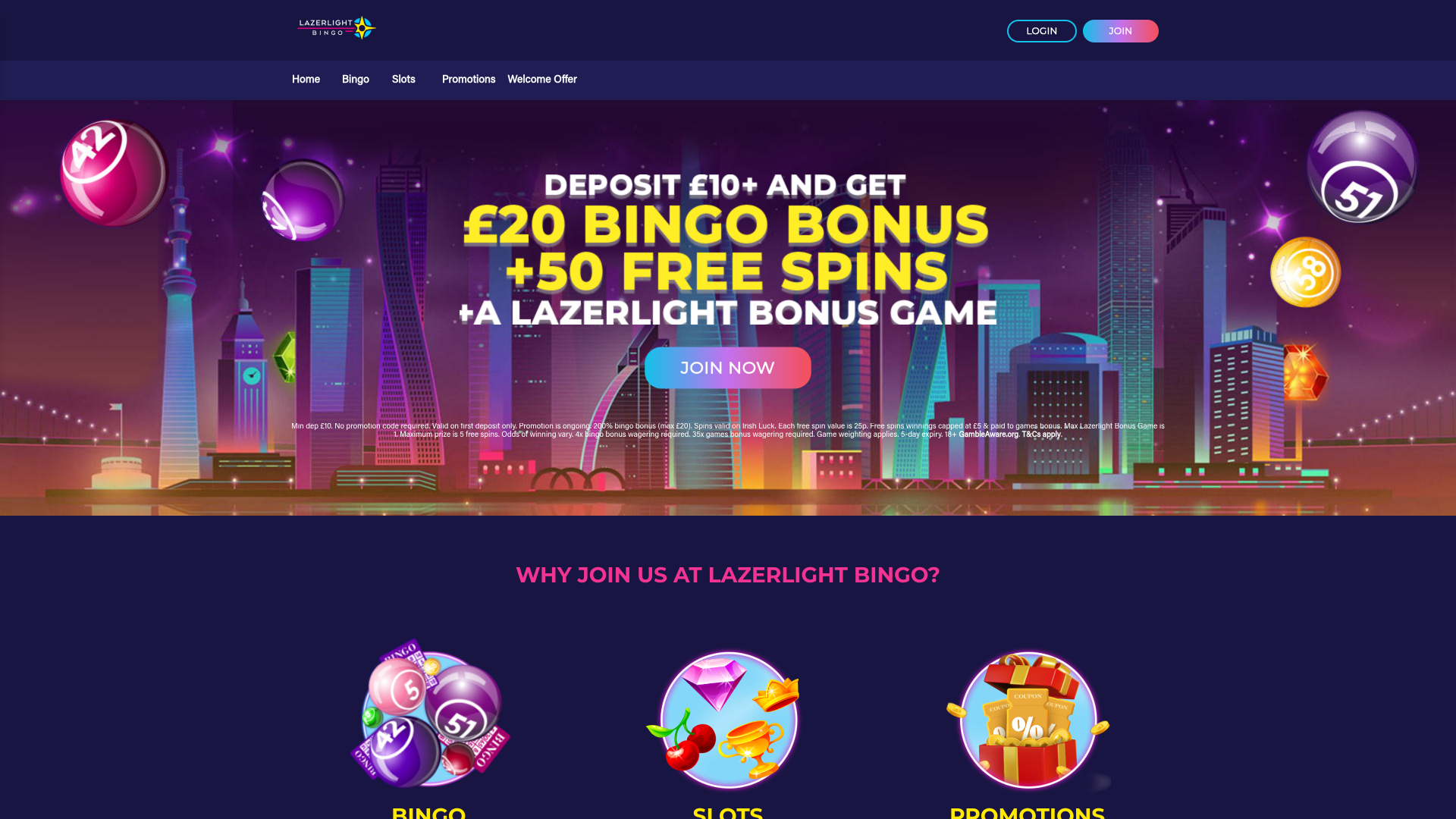 Página de inicio de Lazerlight Bingo Casino para escritorio