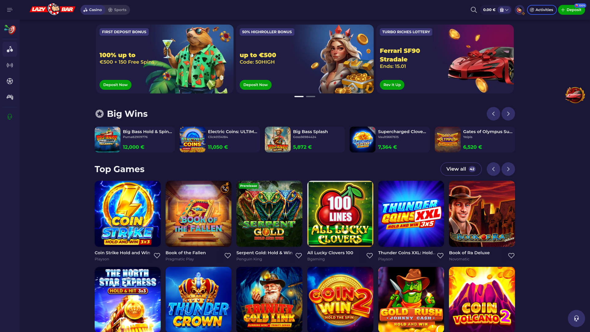 Page d'accueil du casino Lazybar pour ordinateur