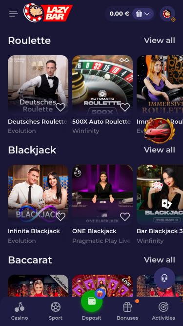 Casino mobile Lazybar avec croupier en direct