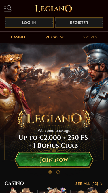 Page d'accueil mobile du casino Legiano