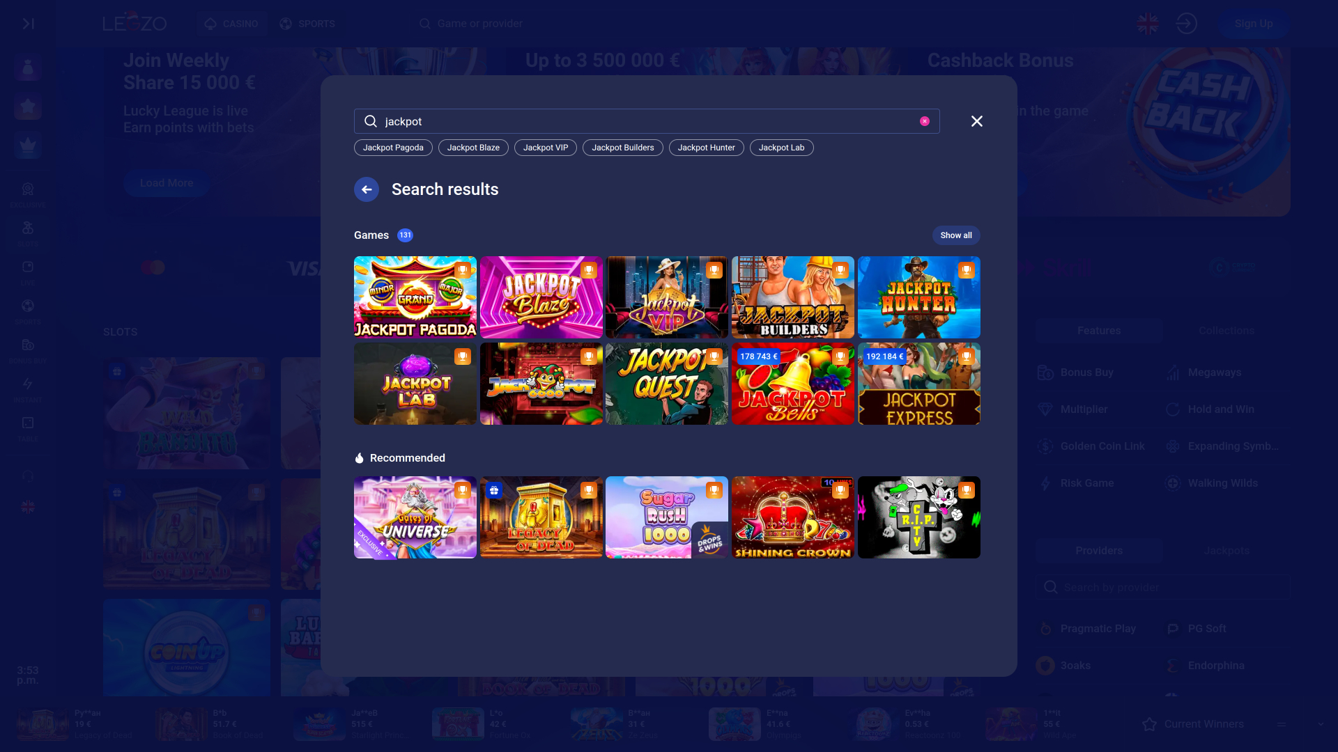 Jackpot de bureau du casino Legzo