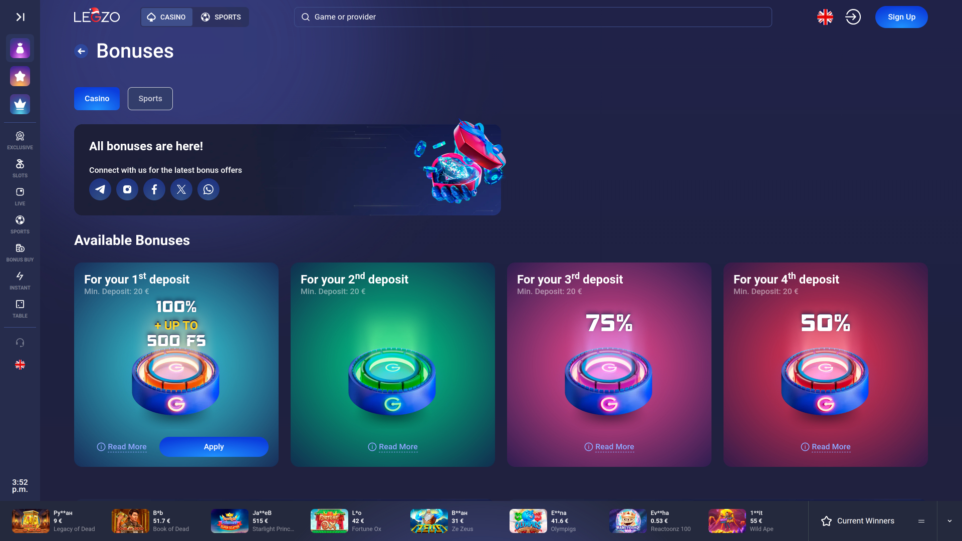 Promotions Legzo Casino sur ordinateur