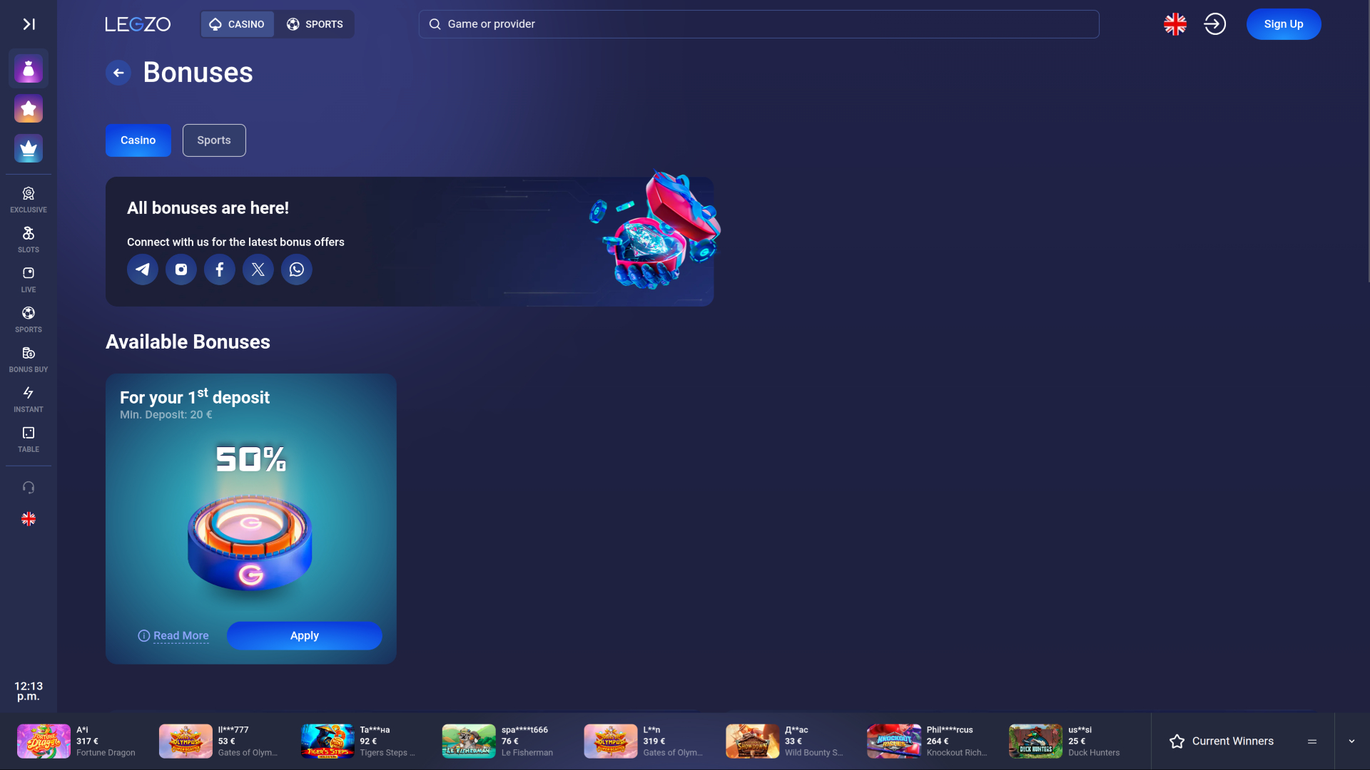 Legzo Casino Desktop-Aktionen
