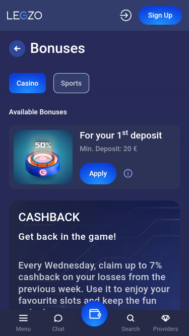 Legzo Casino Mobile-Aktionen