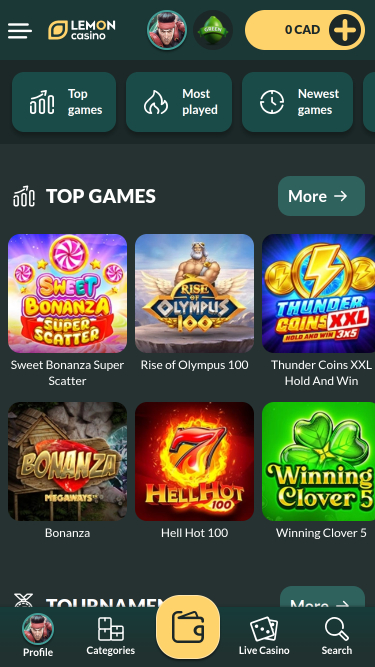 Главная страница мобильного приложения Lemon Casino