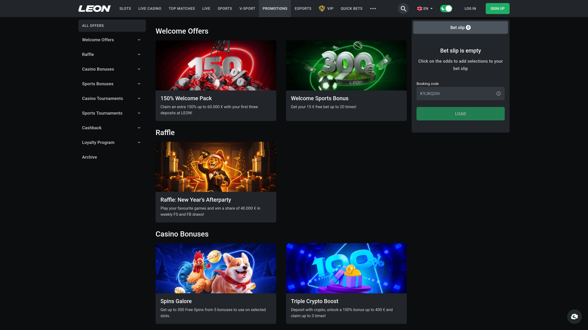 Promotions sur ordinateur de bureau du casino Leon