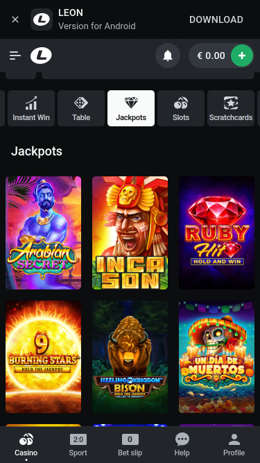 Jackpot mobile du casino Leon