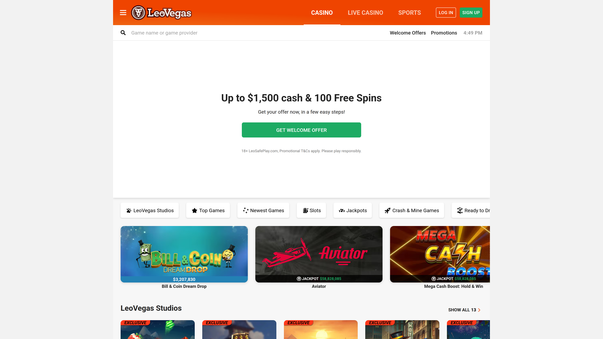 Página inicial do LeoVegas Casino para computador