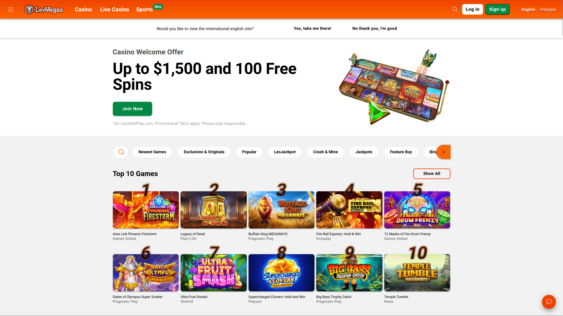 Página de inicio del casino LeoVegas para escritorio