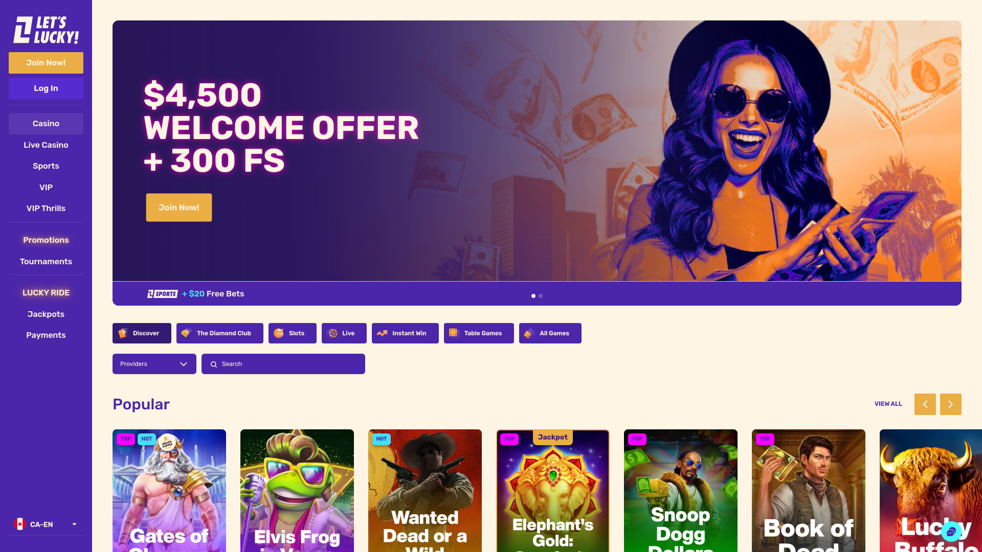 Page d'accueil de Lets Lucky Casino pour ordinateur