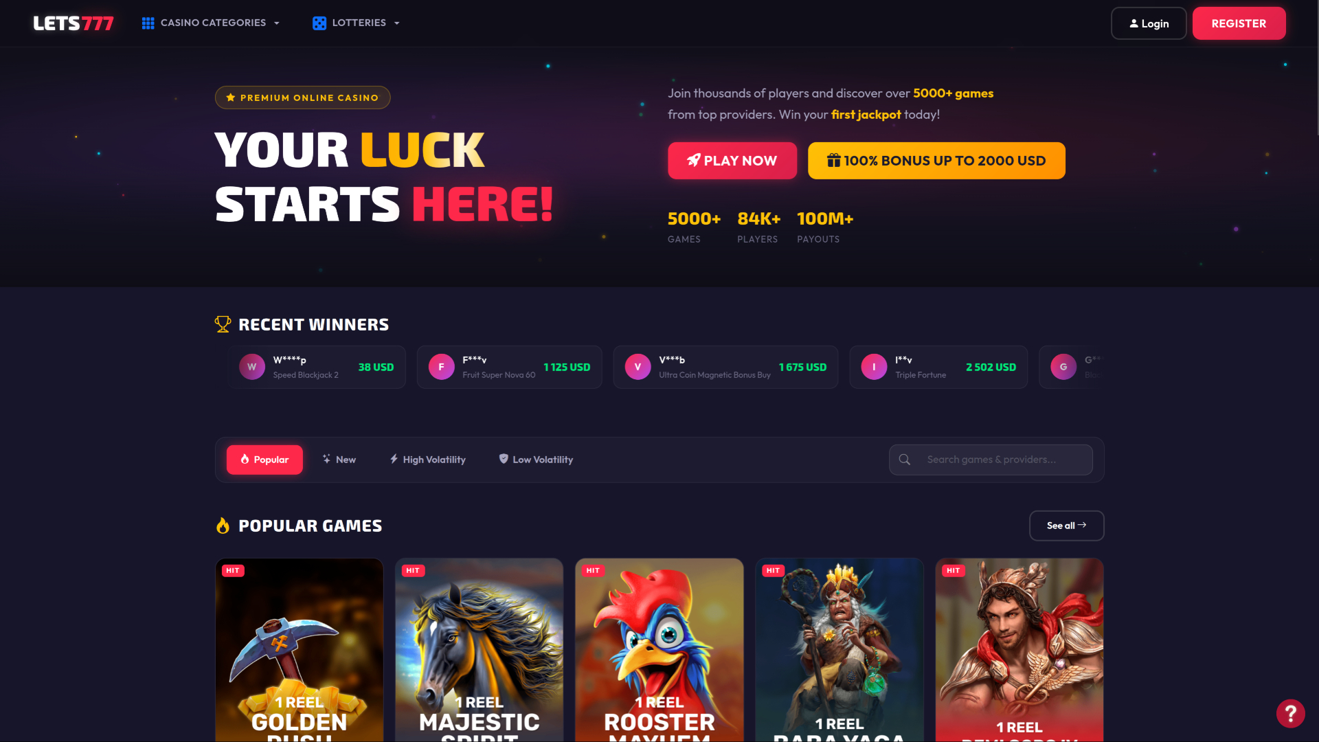 Page d'accueil du casino Lets777 pour ordinateur