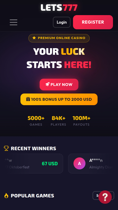 Page d'accueil mobile du casino Lets777