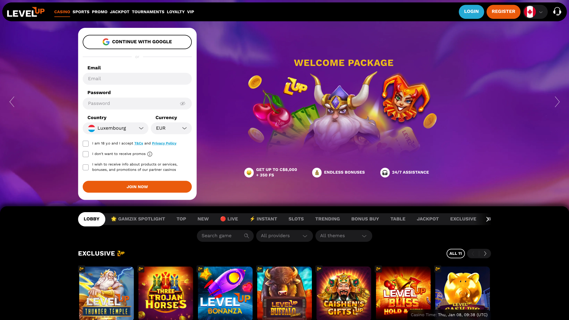 Levelup Casino Desktop Homepage