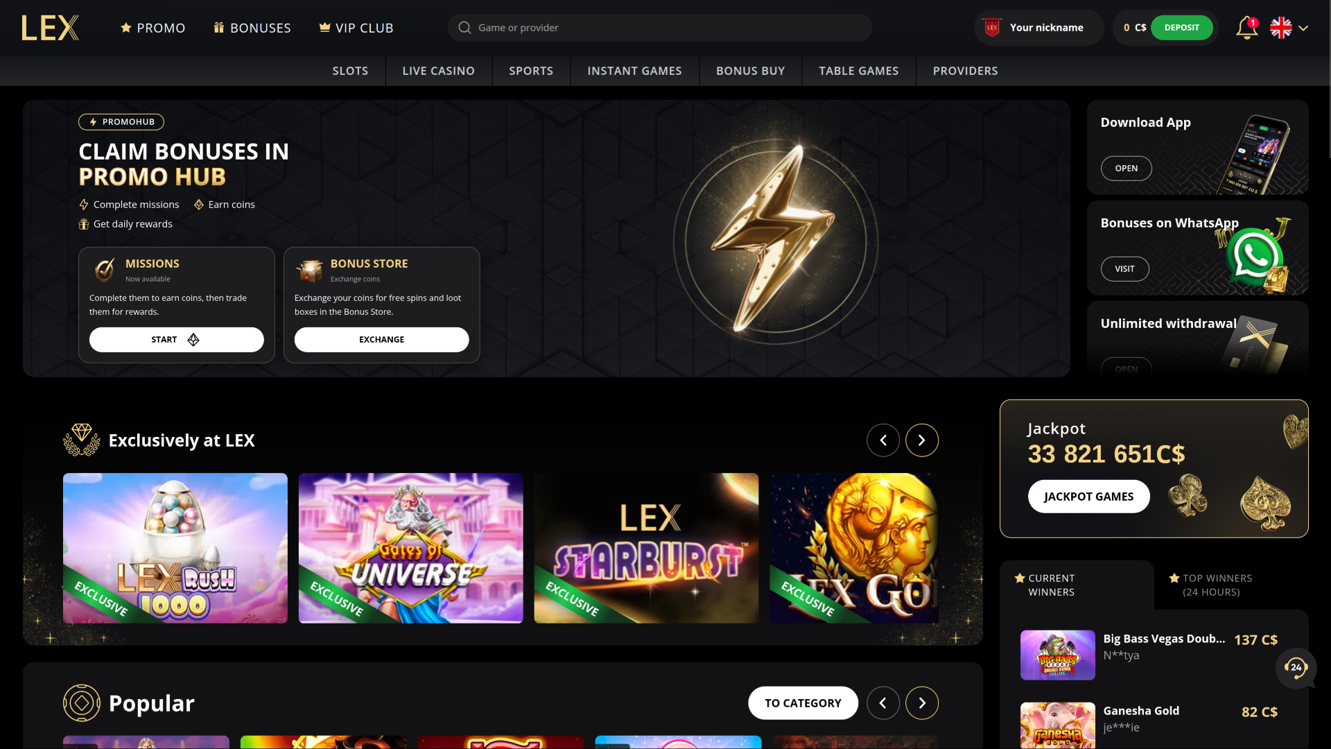 Homepage desktop di Lex Casino