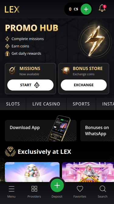 Homepage mobile di Lex Casino