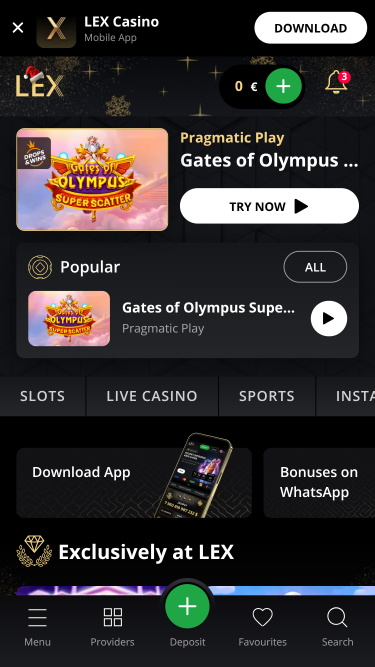 Page d'accueil mobile de Lex Casino