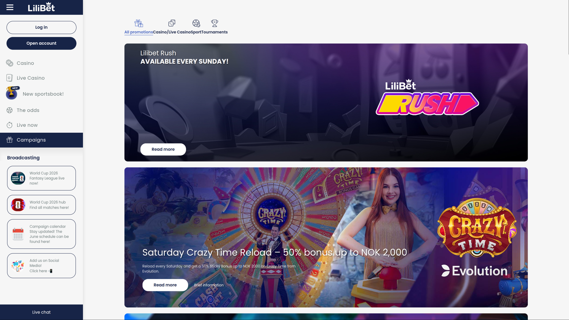 Promotions sur ordinateur de bureau du casino Lilibet
