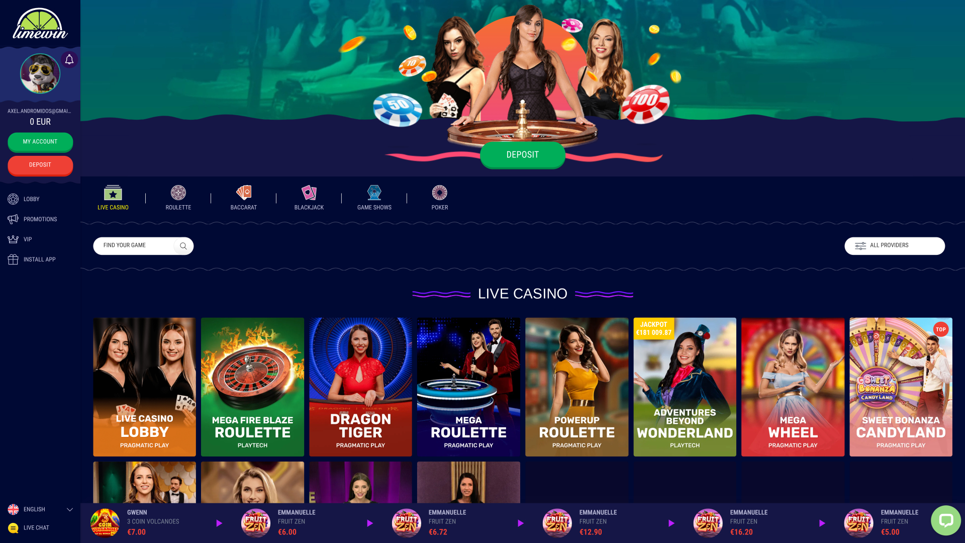 Casino Limewin sur ordinateur avec croupier en direct