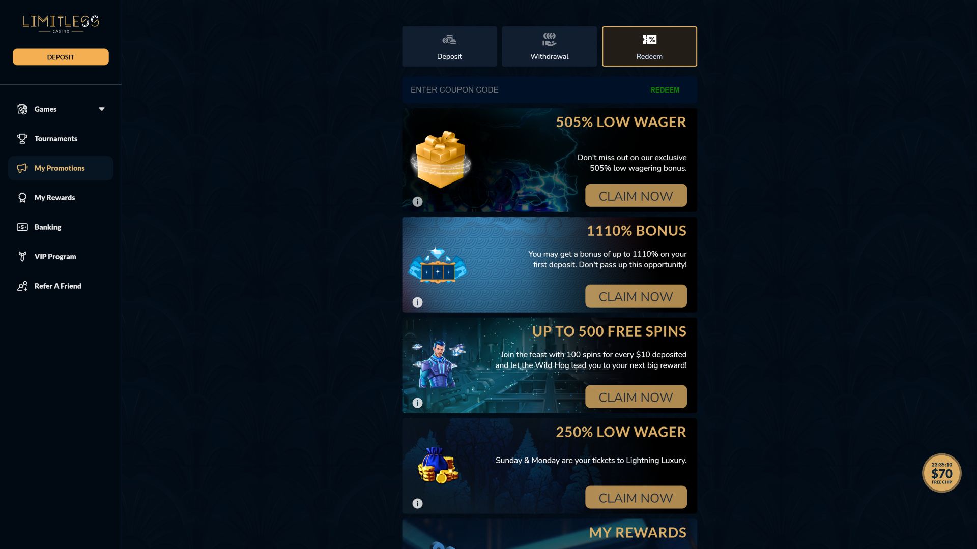 Акции Limitless Casino для настольных компьютеров