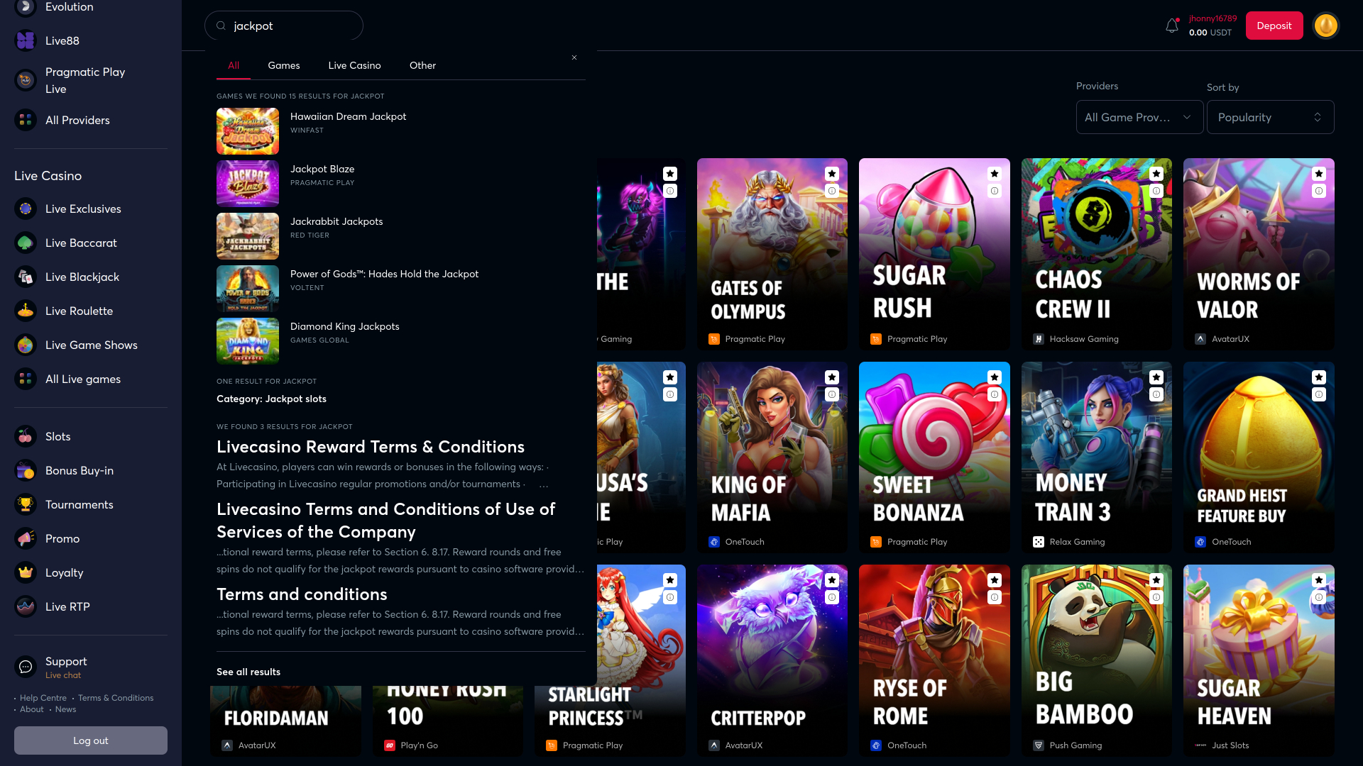 Jackpot desktop del casinò dal vivo