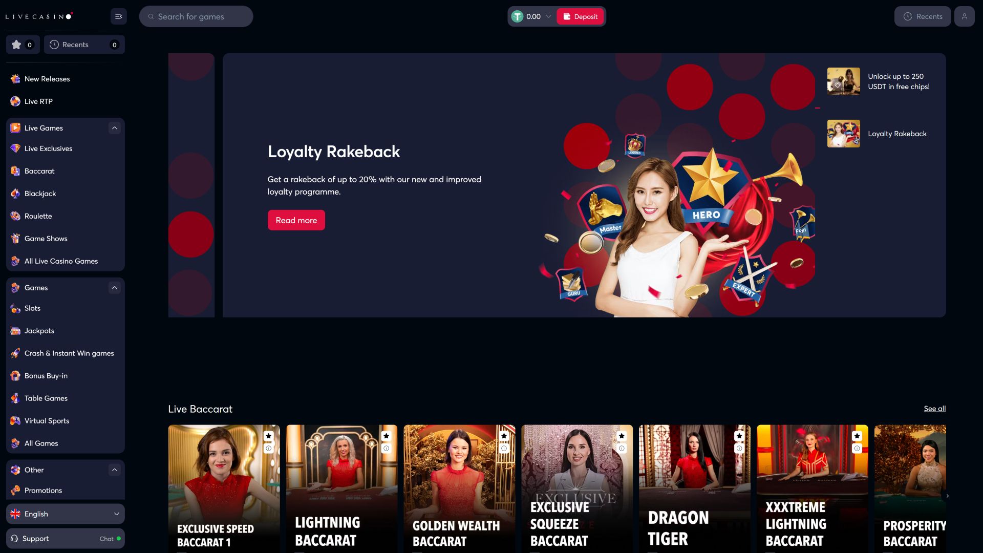 Главная страница LiveCasino для настольных компьютеров