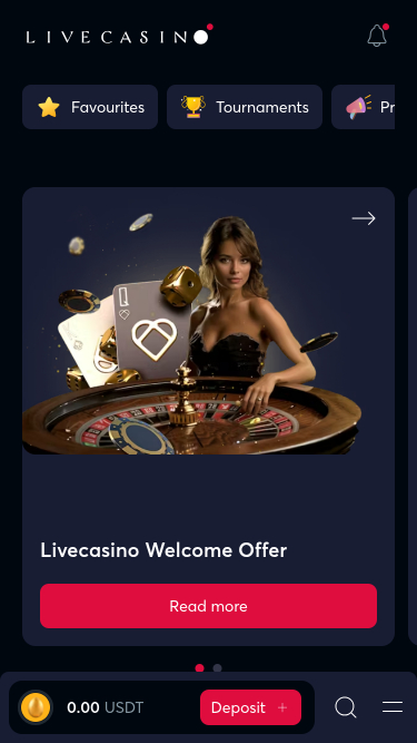Homepage mobile di Livecasino