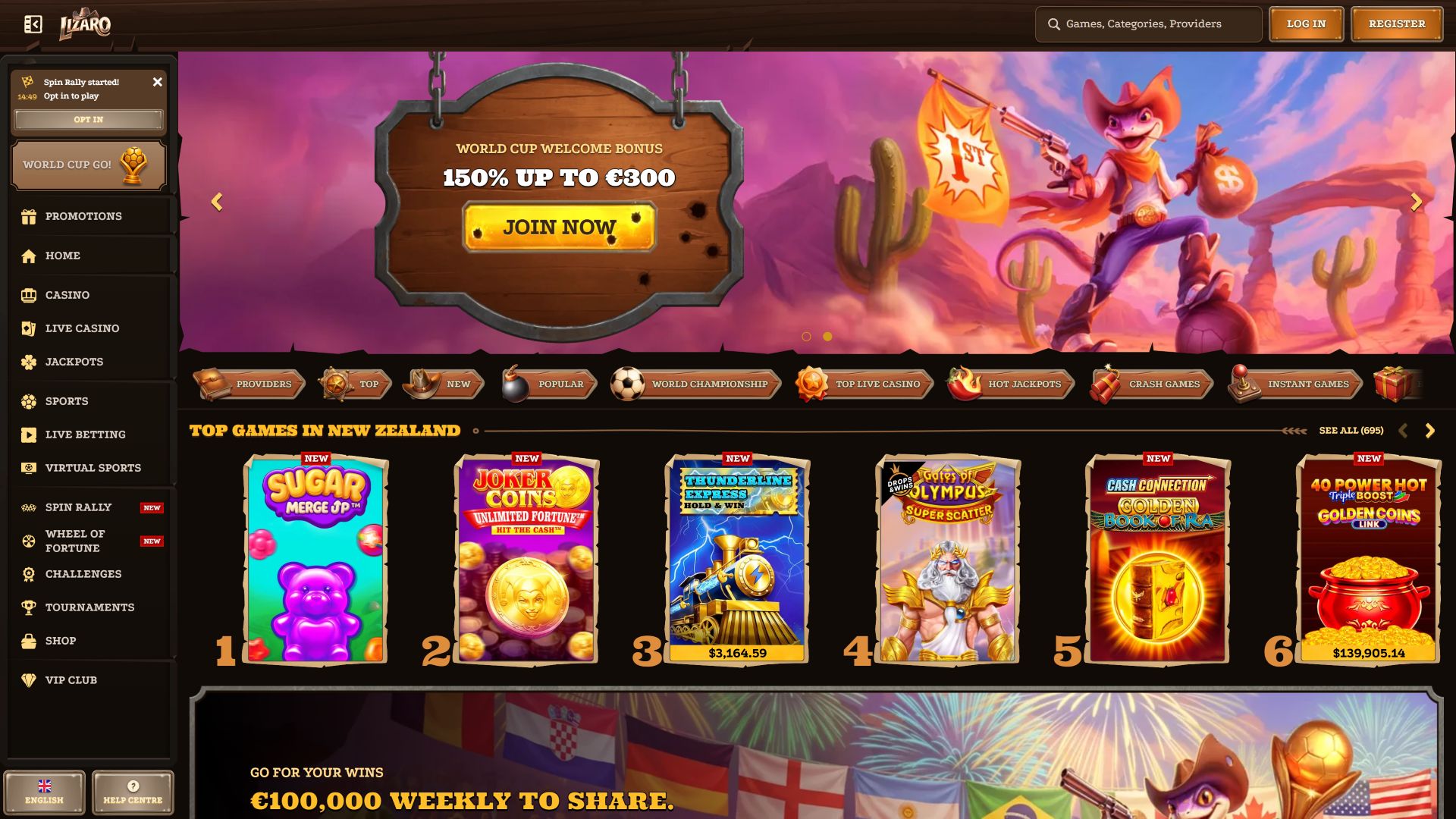Lizaro Casino Desktop Homepage