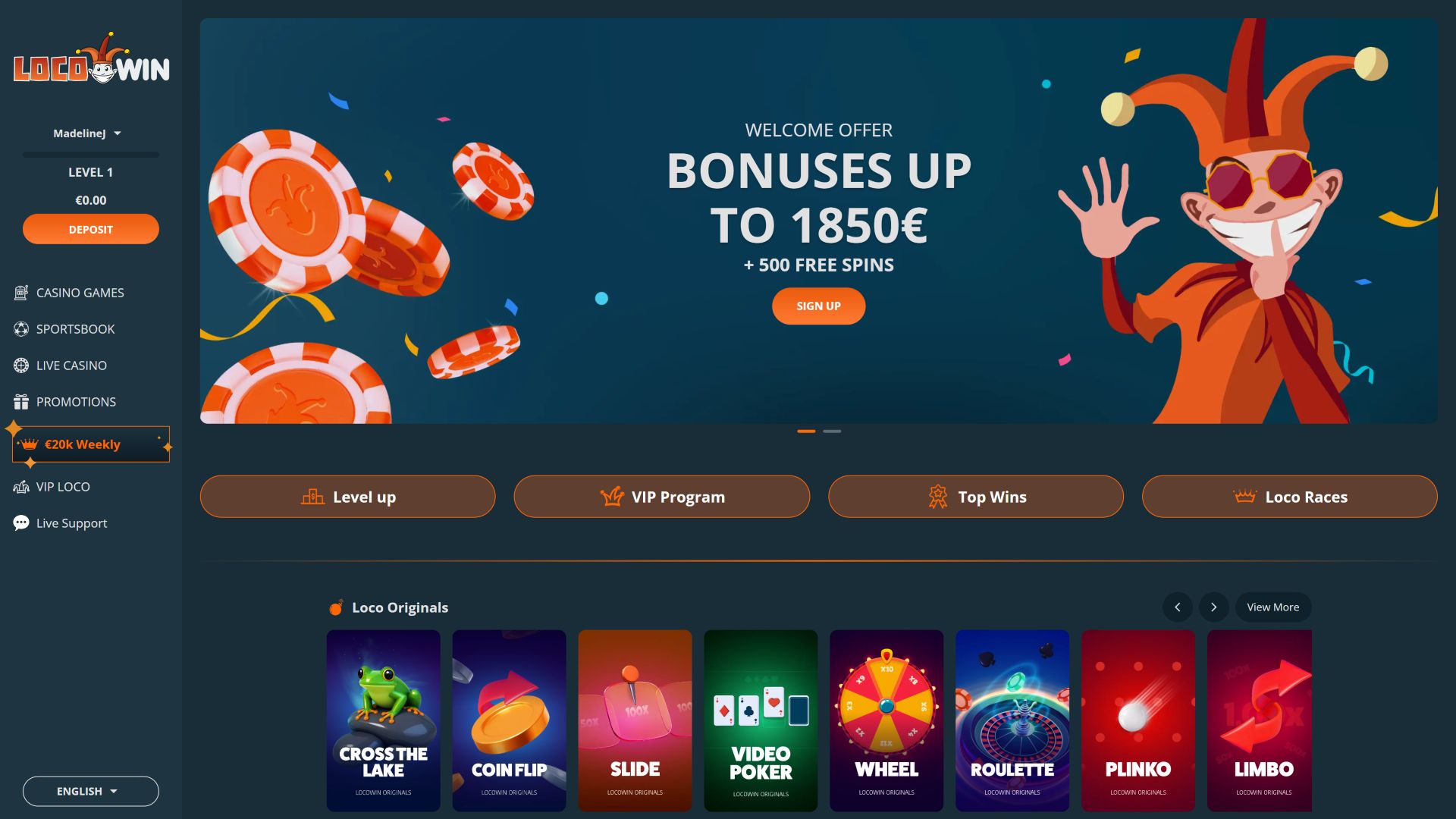 Page d'accueil du casino Locowin pour ordinateur