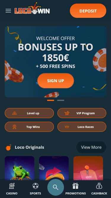 Page d'accueil mobile du casino Locowin