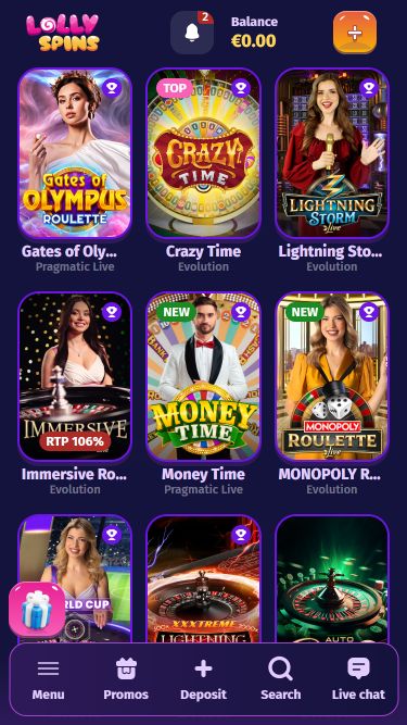 Casino mobile Lolly Spins avec croupier en direct