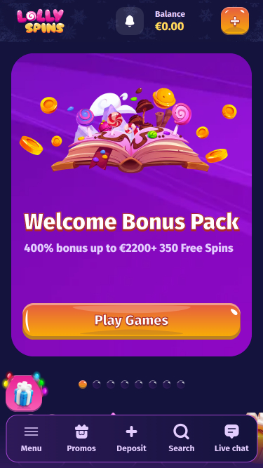 Lolly Spins Casino Mobile Homepage