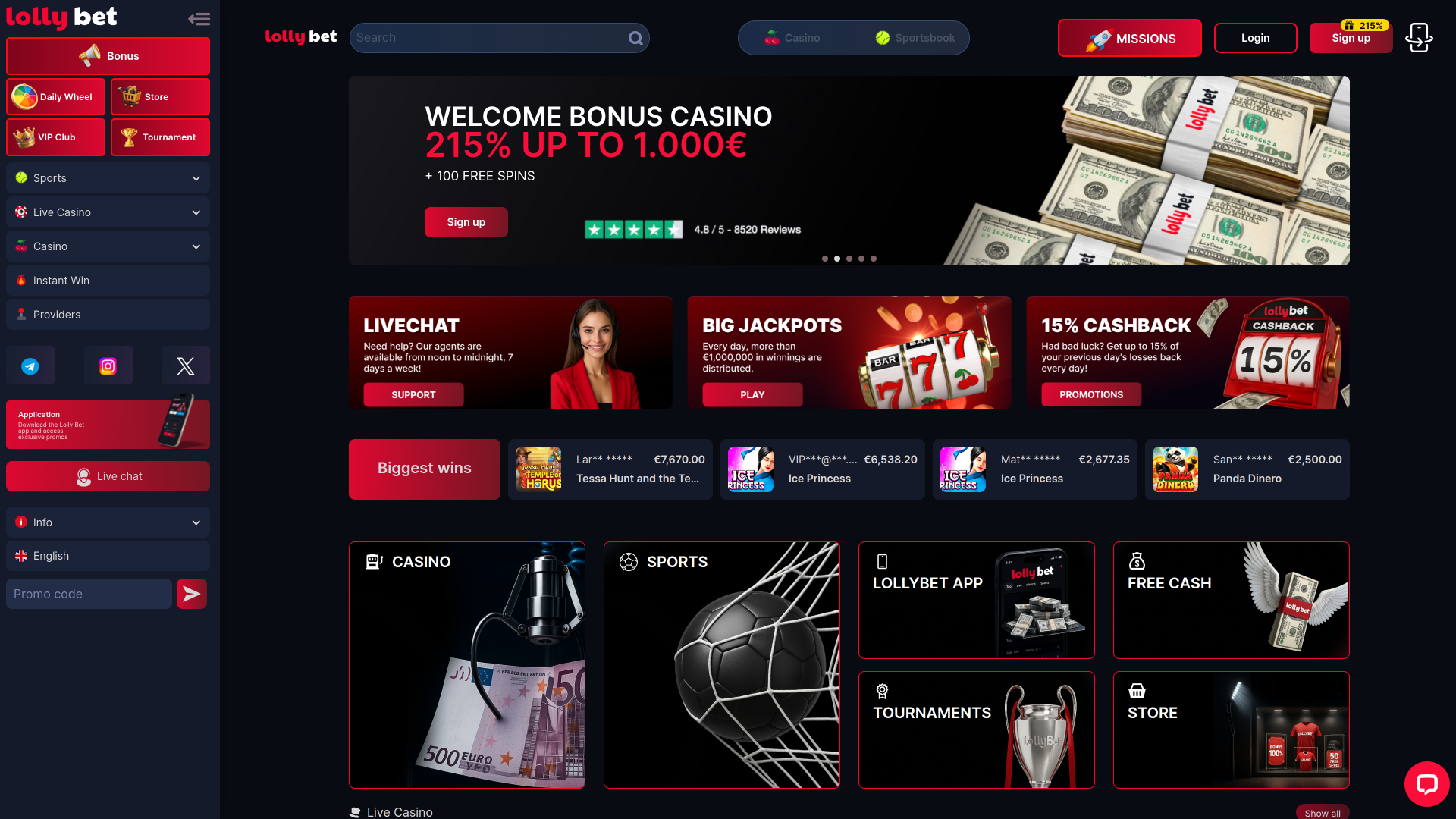 Lollybet Casino Desktop-Startseite