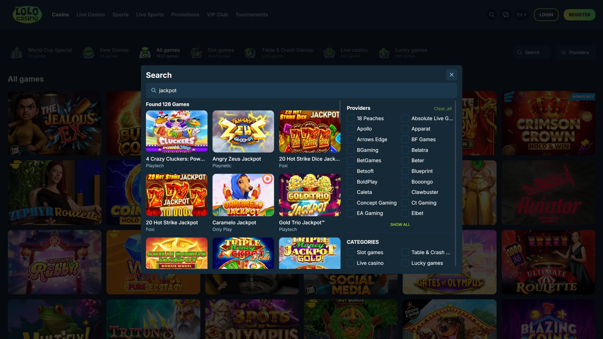 Джекпот Lolo Casino для настольных компьютеров