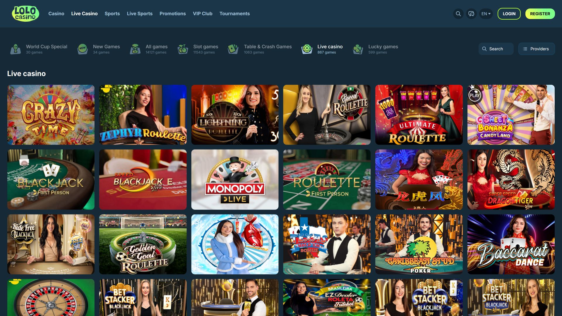 Lolo Casino Настольная версия Live-казино