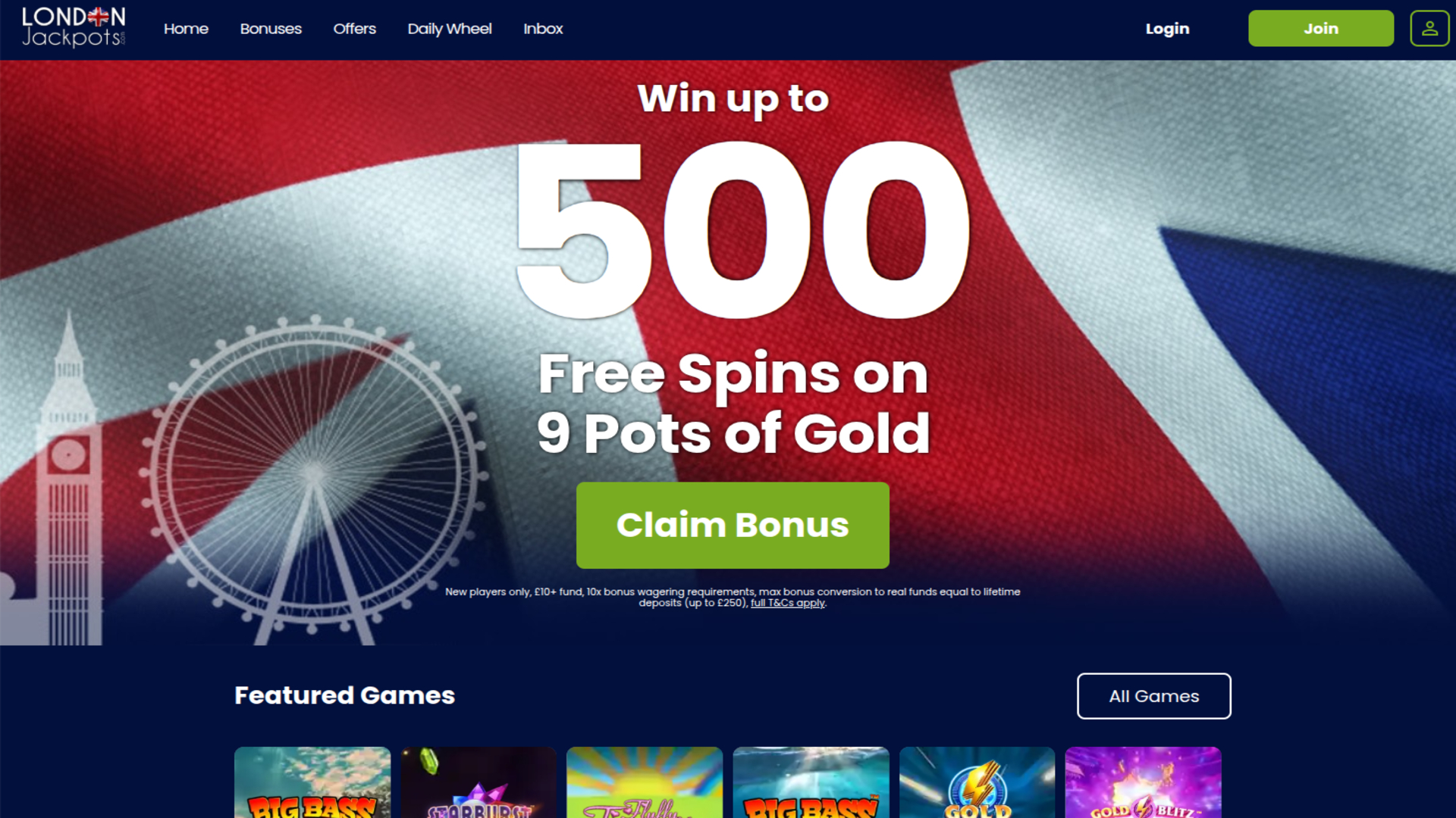 Page d'accueil du casino London Jackpots version ordinateur