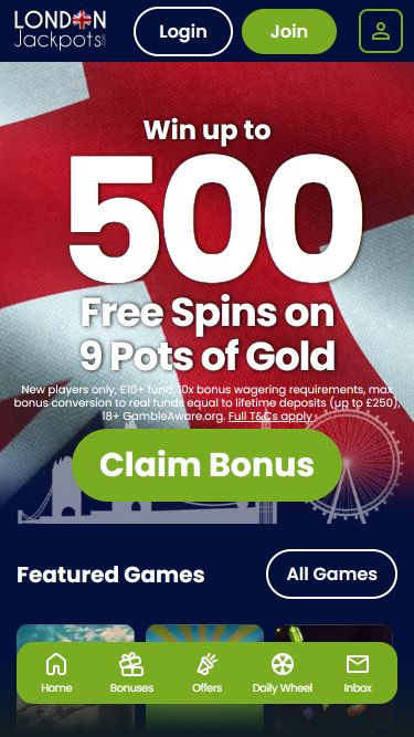 Homepage mobile del casinò London Jackpots