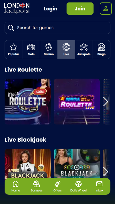 Casino mobile London Jackpots avec croupier en direct