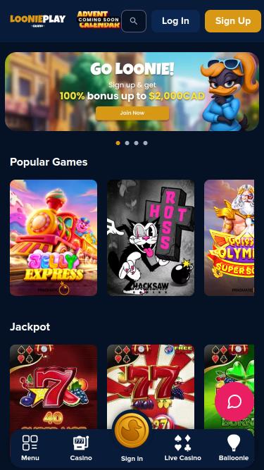 LooniePlay Casino mobile homepage