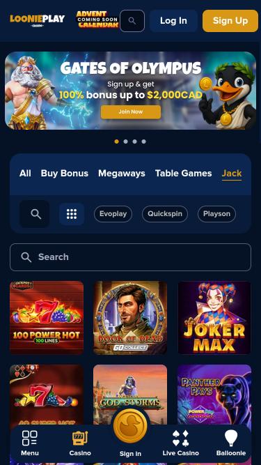 LooniePlay Casino jackpot mobile page